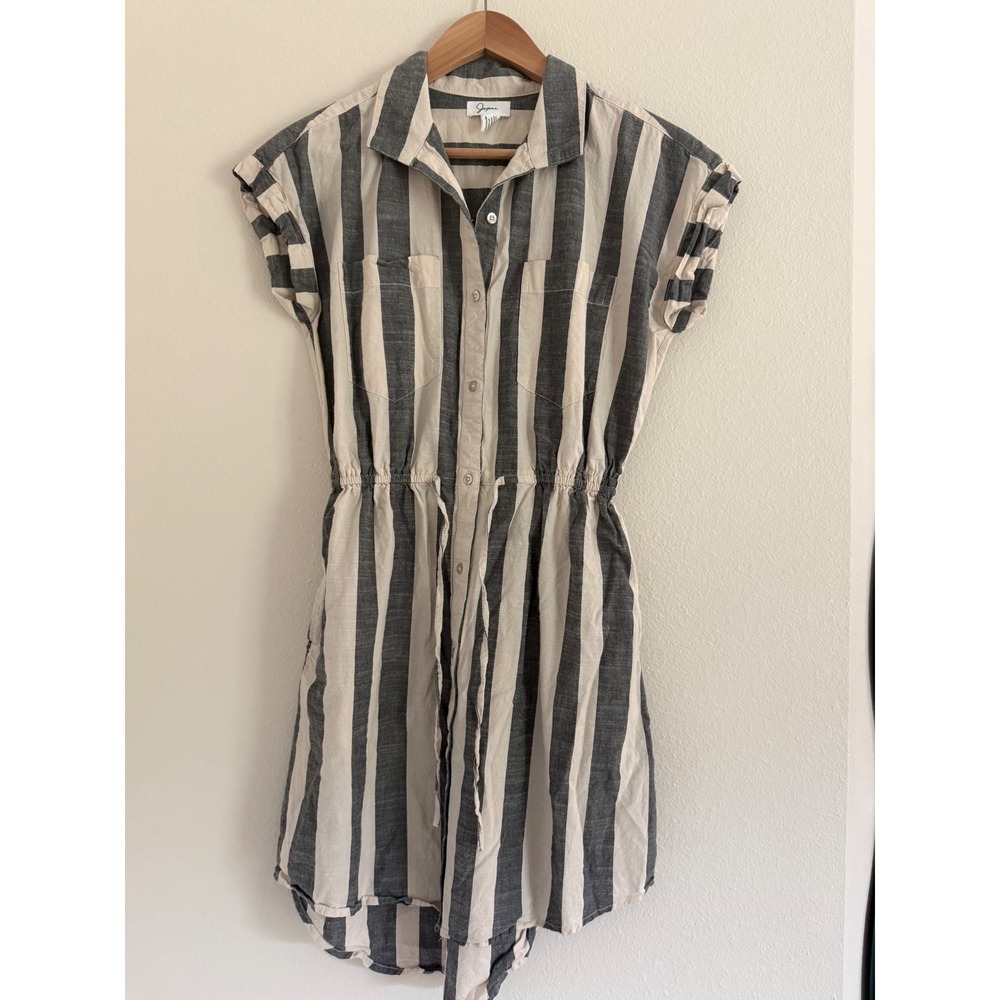 Japna Striped Button Down Shirt Dress Grey Cream Cotton Drawstring Waist Small